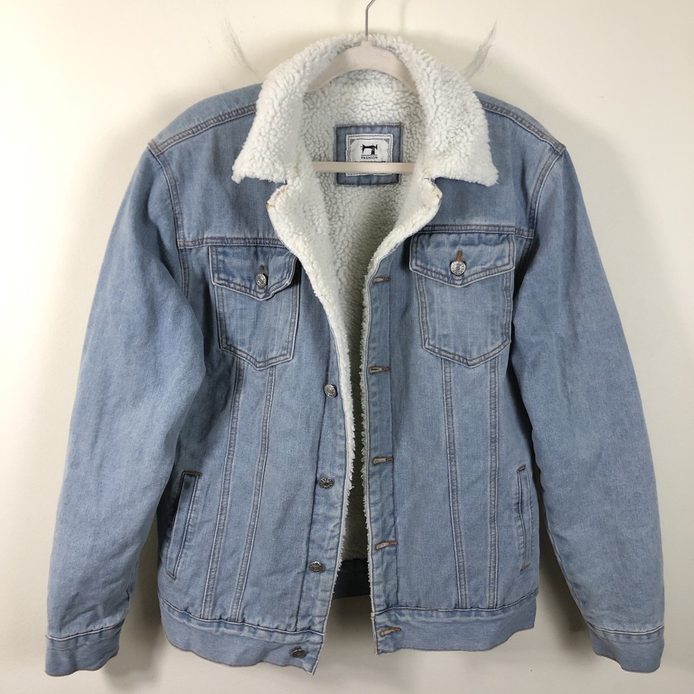 Fashion Custom Made Women's Sherpa Fleeced Lined Denim Jacket Sz L Blue